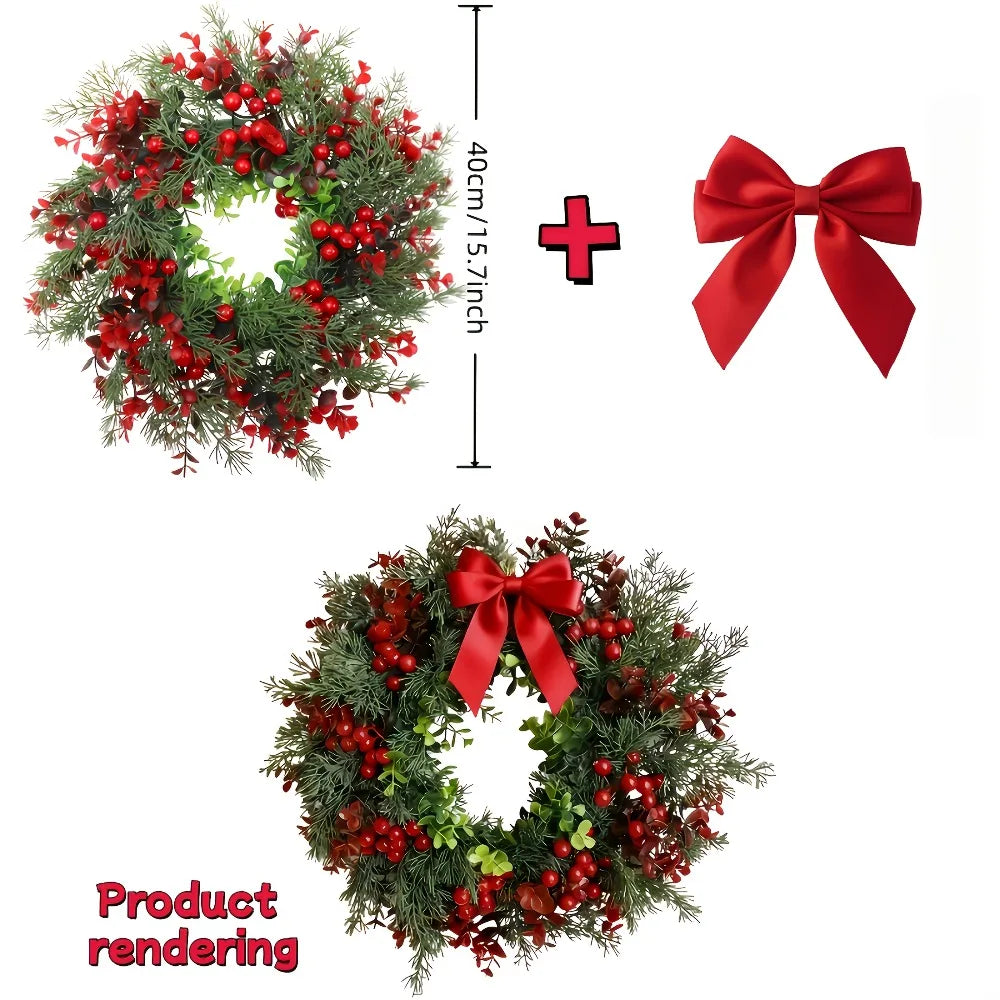 Guirlanda de Natal com Laço e Frutas Vermelhas, Incluindo Cranberries e Holly, para Decoração Interna e Externa