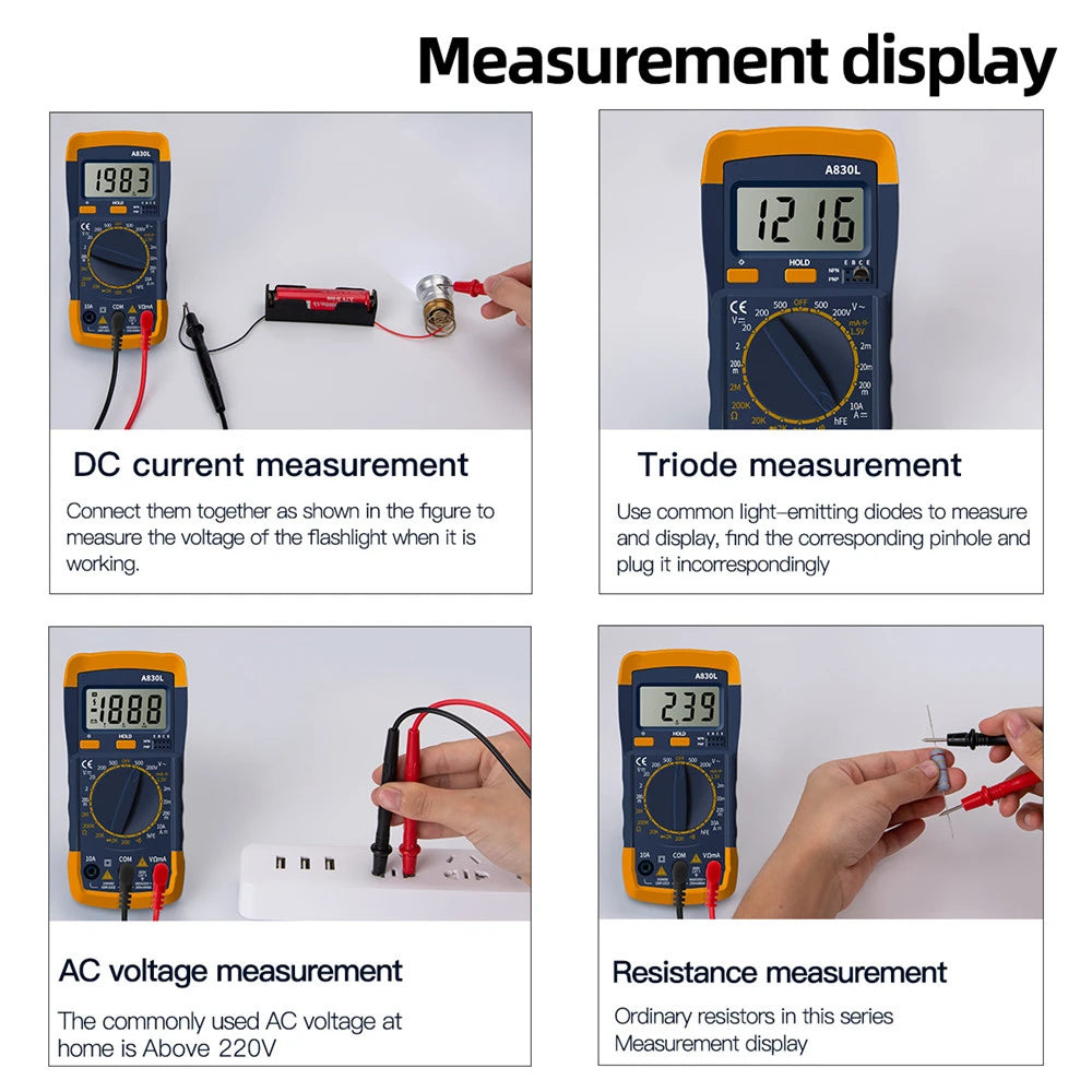 A830l lcd multímetro digital ac dc tensão diodo frequência multitester testador de corrente display luminoso com função campainha