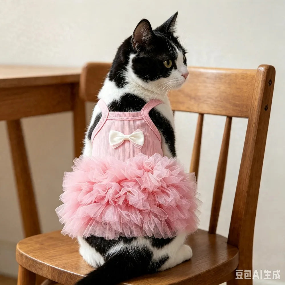 1PC Vestido Tutu Rosa Fofo para Cães com Laço, Saia de Tule Respirável para Animais de Estimação, para Cães e Gatos Pequenos