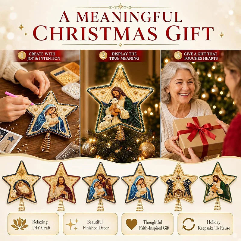 Enfeite de Árvore de Natal com Pintura de Diamantes, Topo de Árvore em Forma de Estrela, Papai Noel DIY, Pintura com Pérolas e Gemas, Base Espiral, Decoração para o Topo da Árvore de Natal