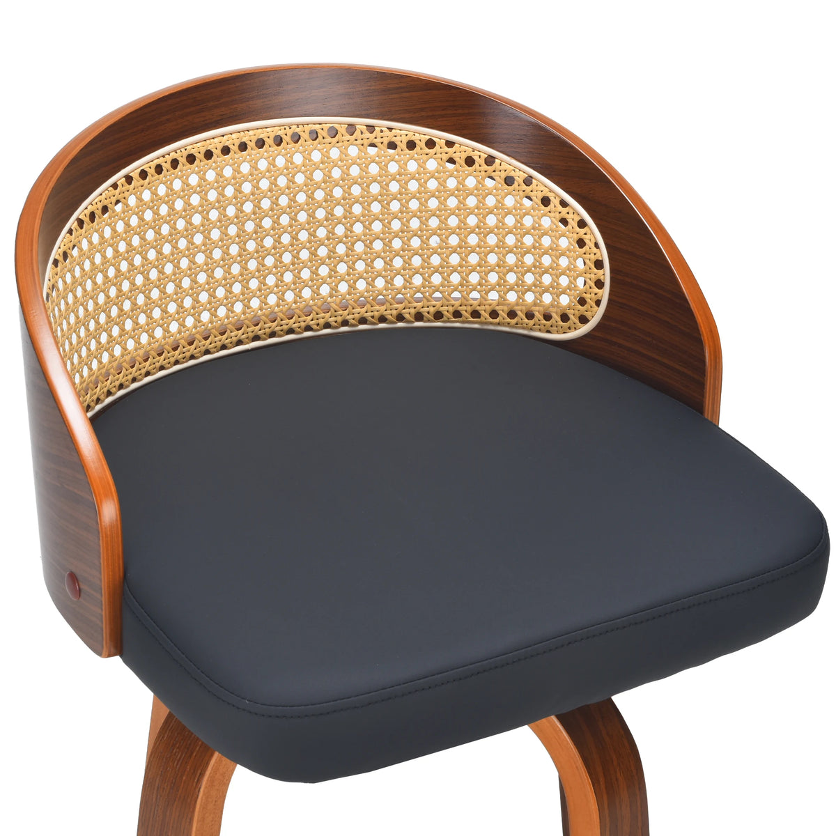 Conjunto de 2 Banquetas Giratórias, Estrutura Moderna em Madeira com Encosto de Rattan, Assento em Couro PU para Balcão de Cozinha, Mesa de Bar