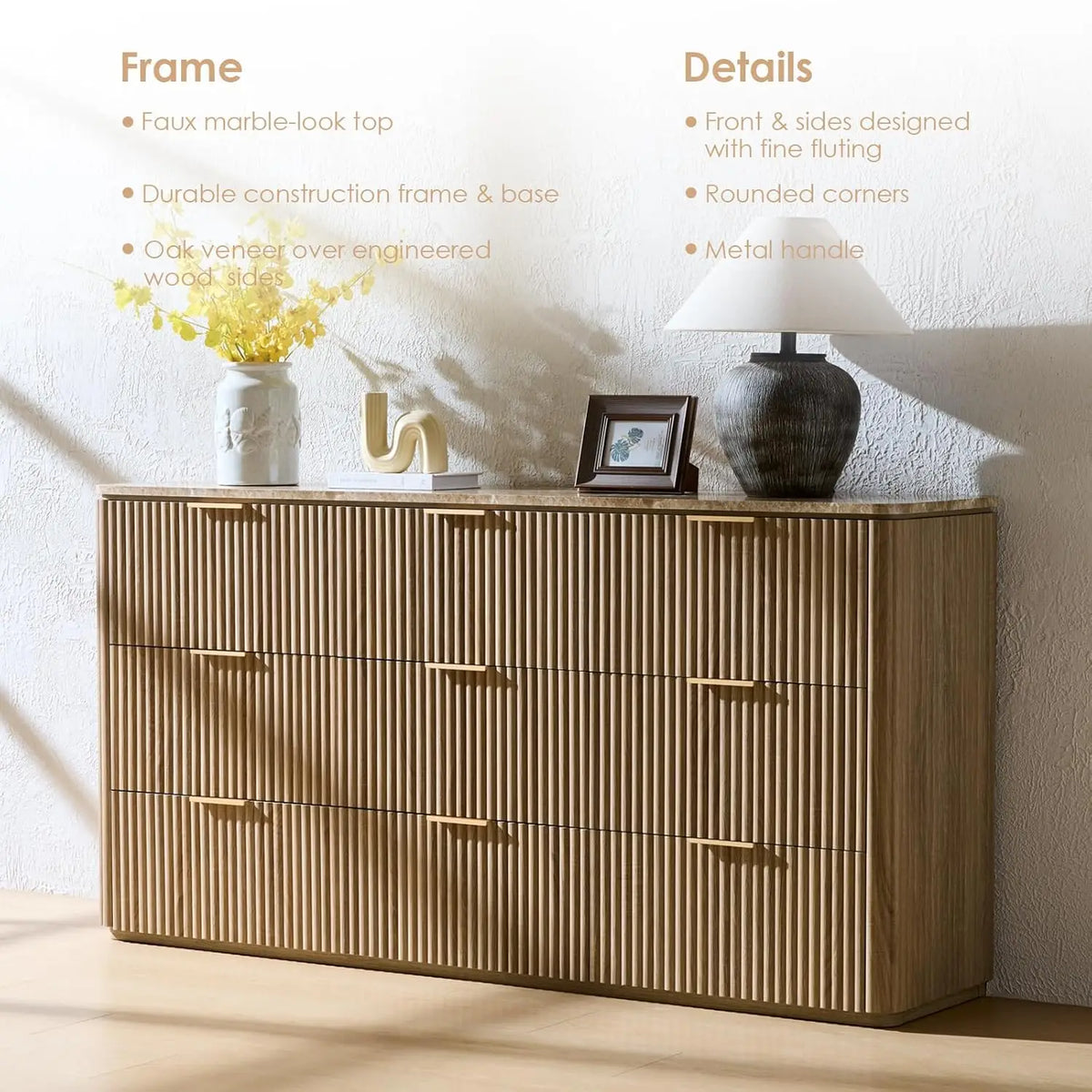 Cômoda com 9 Gavetas para Quarto, 63 Polegadas de Largura, Cômoda Moderna com Topo de Mármore Falso, Design com Cantos Arredondados, Personalizada