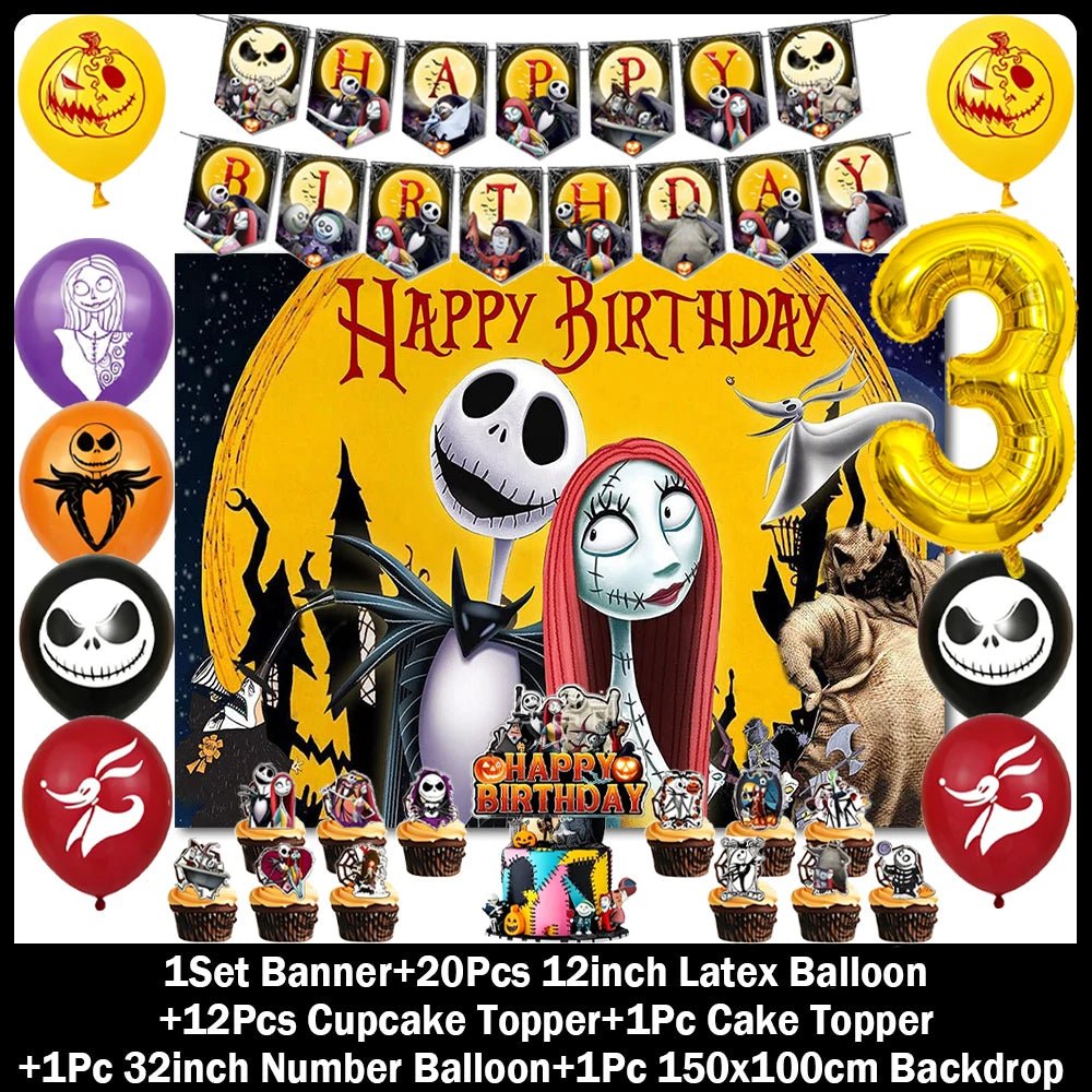 Decorações de Aniversário com Tema de Halloween, Painel de Fundo de O Estranho Mundo de Jack, Balões de Festa, Topos de Bolo - Kasa & Pet