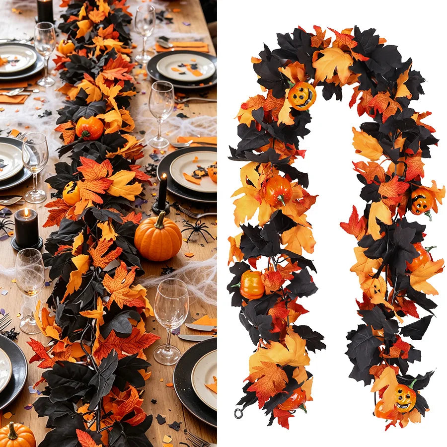 Abóbora Artificial de Halloween, Vermelha e Preta, Folhas de Bordo de Outono, Guirlanda Falsa, Decoração de Lareira para Casa, Natal, Ação de Graças e Festas de Outono