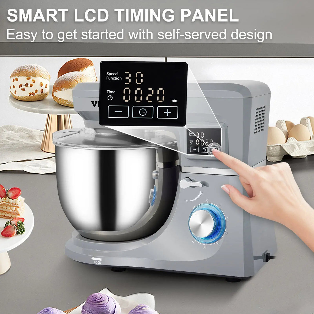 Stand Mixer 7.4 Qt Stainless Steel Bowl 6 Speed LCD Screen Tilt Head Design Food Mixer