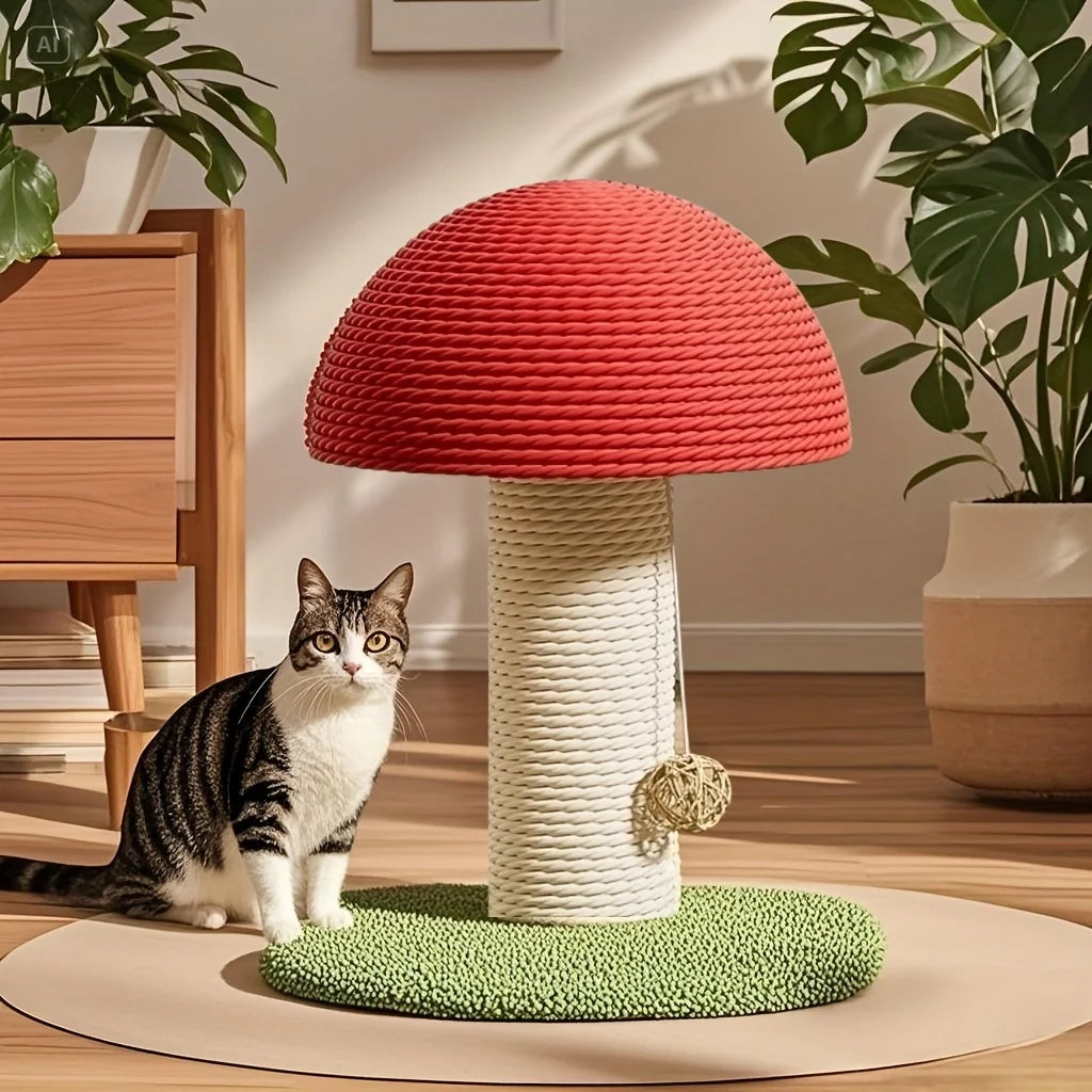 Tirador de gato em forma de cogumelo vermelho com almofada de sisal, mini vila para animais de estimação e base pom-pom verde