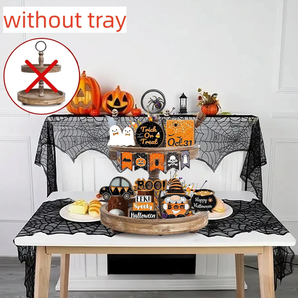Placa de Mesa de Madeira 2D de Halloween, Sem Bandeja, Pote Mágico de Carro Laranja e Preto, Decoração de Bruxa, Gnomo e Fantasma, Decoração de Casa de Halloween