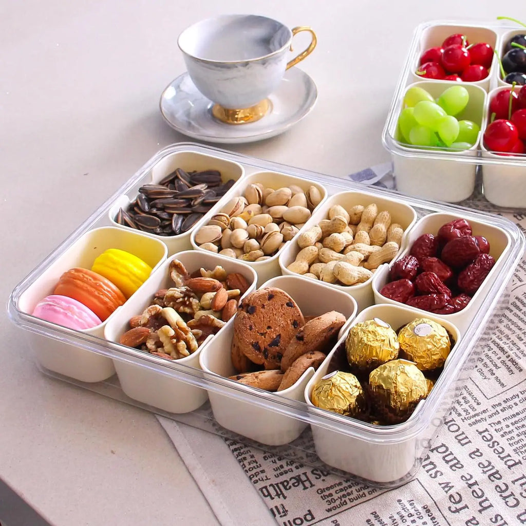 Caixa Organizadora de Lanches com 4/8 Divisórias, Tábua de Charcutaria Portátil para Viagem com Tampa, Caixa de Armazenamento de Alimentos para Geladeira, Organizador de Lanches