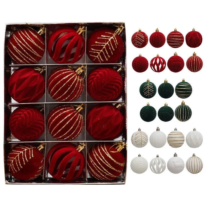 12 Peças de Enfeites de Árvore de Natal em Veludo, Bolas de Natal Flocadas, Decorações de Bolas de Natal, Enfeites de Natal para Pendurar na Árvore