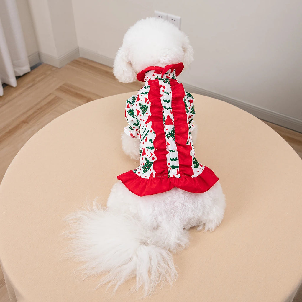 Vestido de Natal para Pets com Estampa de Árvore de Natal, Saia com Babados, Roupa de Festa para Cães e Gatos de Pequeno e Médio Porte, Fantasia Fofa para Pets