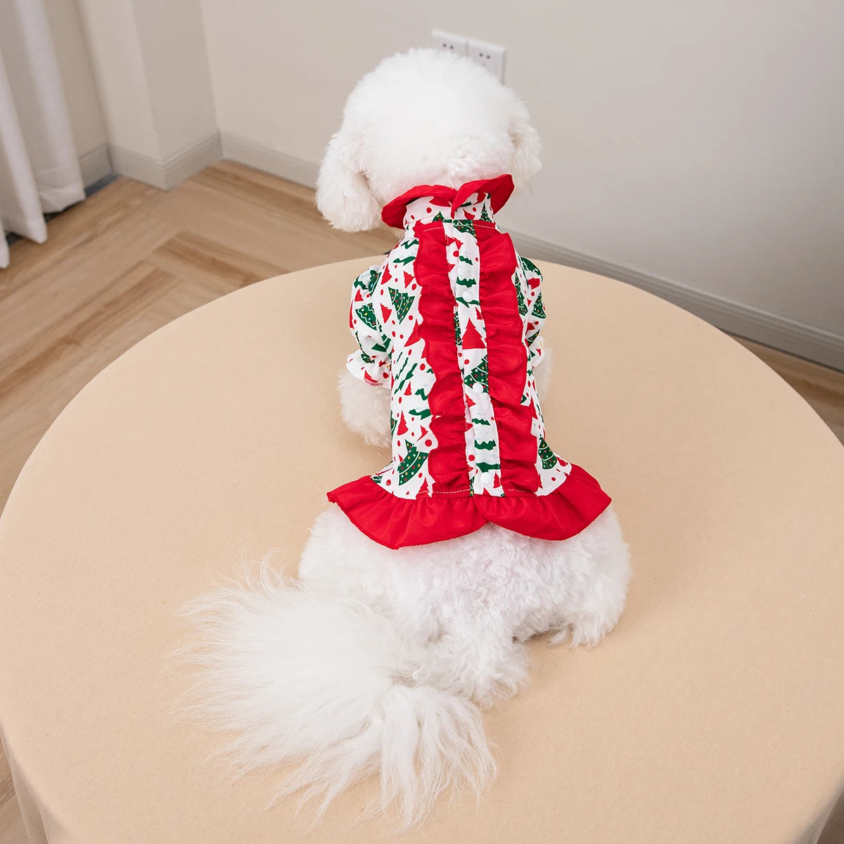 Vestido de Natal para Pets com Estampa de Árvore de Natal, Saia com Babados, Roupa de Festa para Cães e Gatos de Pequeno e Médio Porte, Fantasia Fofa para Pets