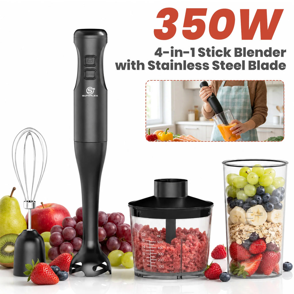 SUPERLEX 350W Mixer de Imersão 4 em 1, Conjunto de Mixer Elétrico Portátil com Batedor, Copo Medidor de 500ml e Picador de 700ml, Controle de 2 Velocidades para Sopas, Smoothies, Papinhas e Carne Moída