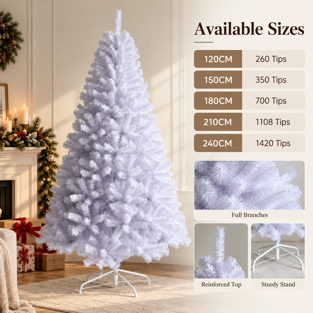 Árvore de Natal artificial branca, totalmente em PVC, 120-240 cm, com ramos densos, suporte de metal opcional, luzes quentes, decoração de Natal para casa.
