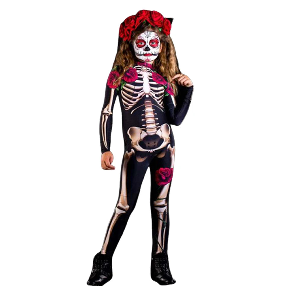 2025 meninas rosa esqueleto crianças assustador traje halloween cosplay fantasma noiva macacão carnaval festa crianças macacão roupas