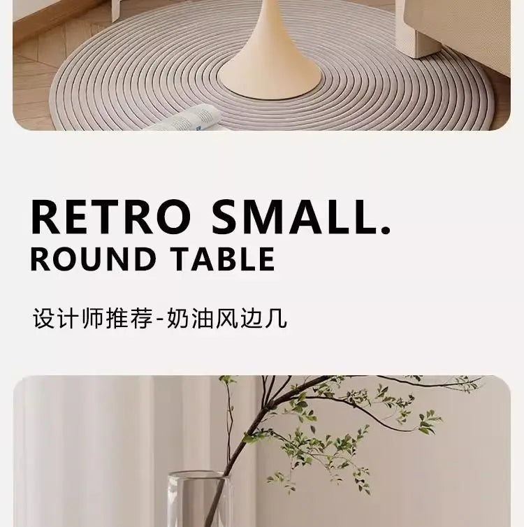 Apartamento pequeno com design minimalista moderno, sala de estar junto à cama, sofá, mesa de centro, mesa redonda de ferro, estilo ins.