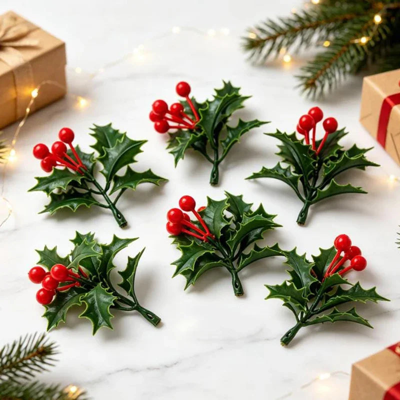 Guirlanda de Natal com Azevinho Artificial, Bagas Vermelhas, Folhas Verdes, Enfeites para Árvore de Natal, Guirlanda, Buquês DIY
