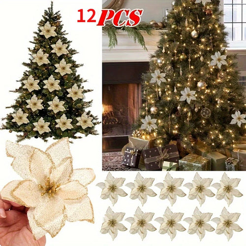 12/24 pçs enfeites de árvore de natal flores artificiais para casa diy pingente de árvore de natal casamento festa de natal decorações de ano novo