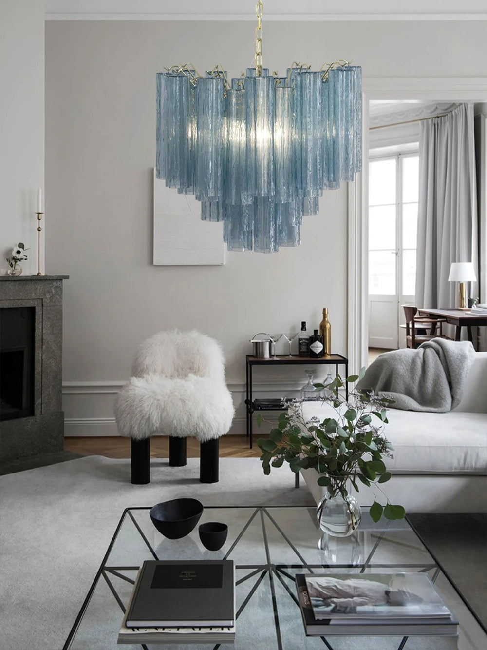 Lustre de Vidro Murano Coleção Blue Eyes 2026, Luminária Suspensa para Sala de Estar