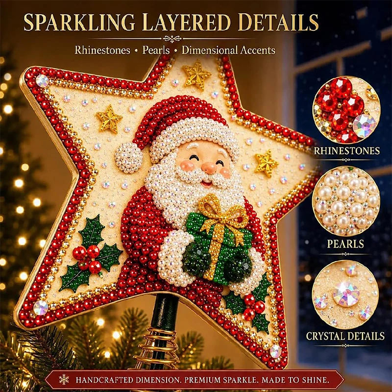 Enfeite de Árvore de Natal com Pintura de Diamantes, Topo de Árvore em Forma de Estrela, Papai Noel DIY, Pintura com Pérolas e Gemas, Base Espiral, Decoração para o Topo da Árvore de Natal