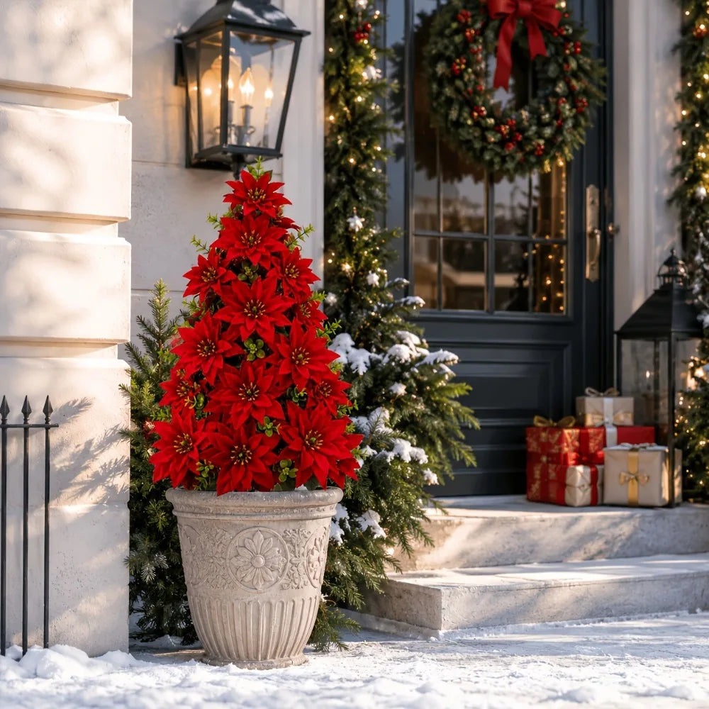 Árvore de Natal artificial com poinsettias e estaca para fixar no chão, ideal para vasos de jardim, canteiros de flores, degraus de entrada