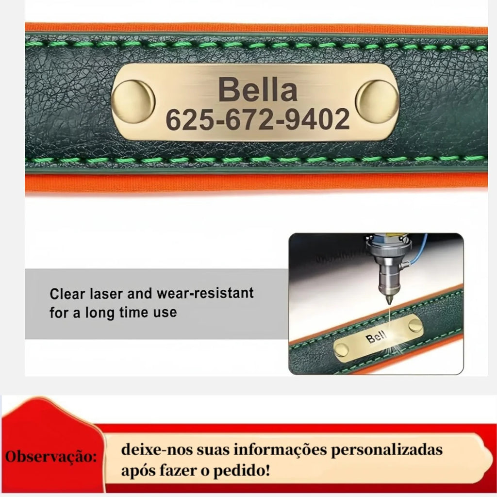 Coleira de Cão Personalizada em Couro com Placa de Identificação, Almofadada e Macia, Gravação Gratuita do Nome para Cães Pequenos, Médios e Grandes