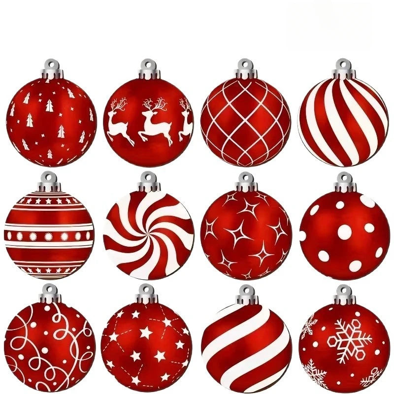 12 enfeites de Natal em forma de bolas de madeira, vermelhas, redondas, para pendurar, com padrão clássico.