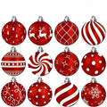 12 enfeites de Natal em forma de bolas de madeira, vermelhas, redondas, para pendurar, com padrão clássico.