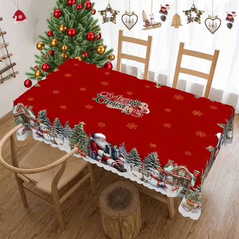 Toalha de Mesa de Natal: Decoração Clássica de Inverno com Estampa de Papai Noel, Floco de Neve e Pinhas – Suprimentos para Cenário Festivo