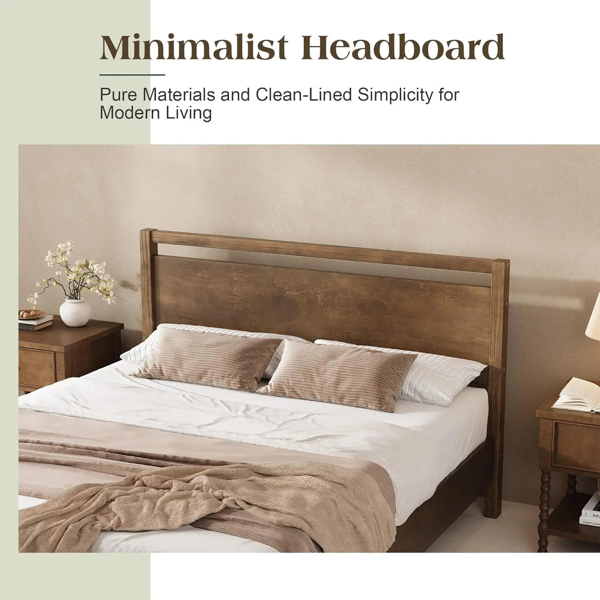 Cama Queen Size de Madeira Maciça com Cabeceira, Cama Plataforma Minimalista com Suporte de Ripas de Madeira/Sem Box Spring, Personalizável
