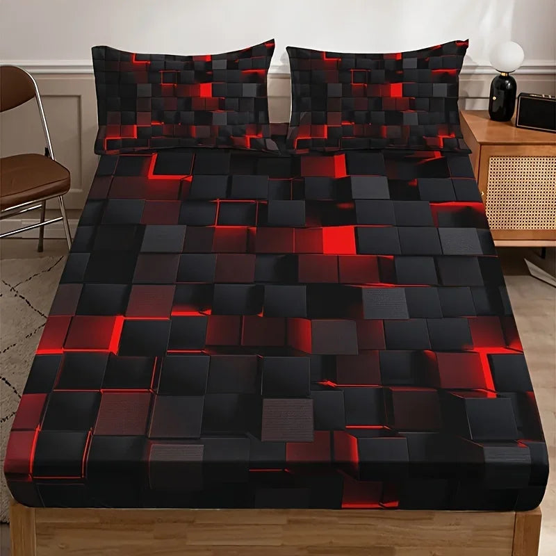 Moda Tecnologia-Inspirado Xadrez Vermelho Conjunto de Folhas, Cama Soft Impressão HD para Dormitório Casa, 1 Folha Equipada + 2 Fronha