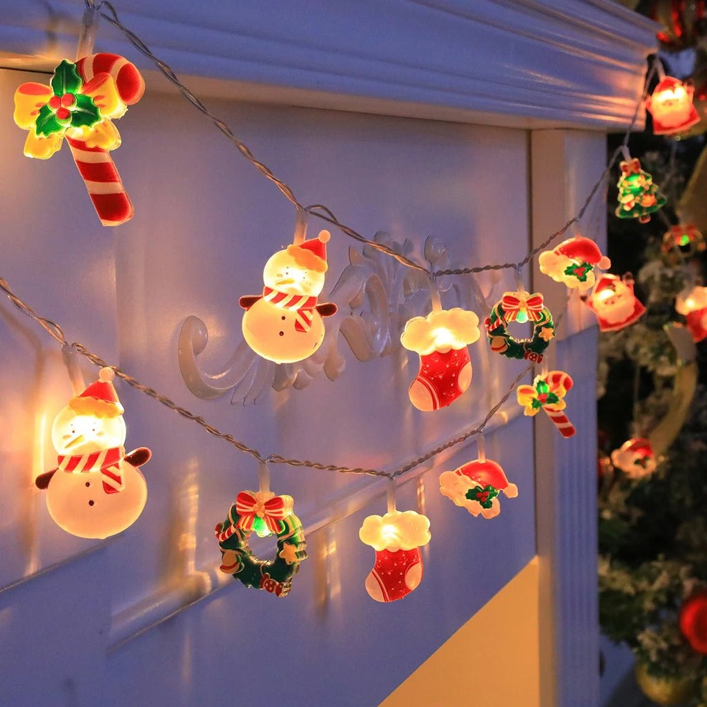 Luzes de corda de Natal LED, com Papai Noel/boneco de neve/cana de doces/meia de Natal/designs de flocos de neve, para festa de Natal/interior/árvore
