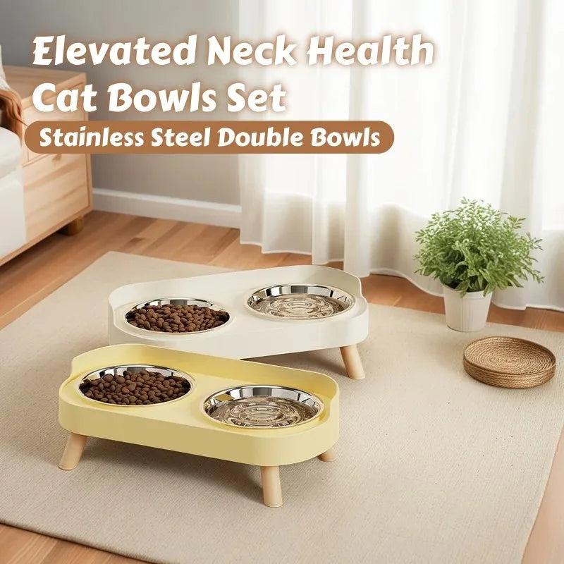 Estação de Alimentação e Bebedouro para Pets com Duas Tigelas de Aço Inoxidável e Suporte para Pescoço para Gatos e Cães