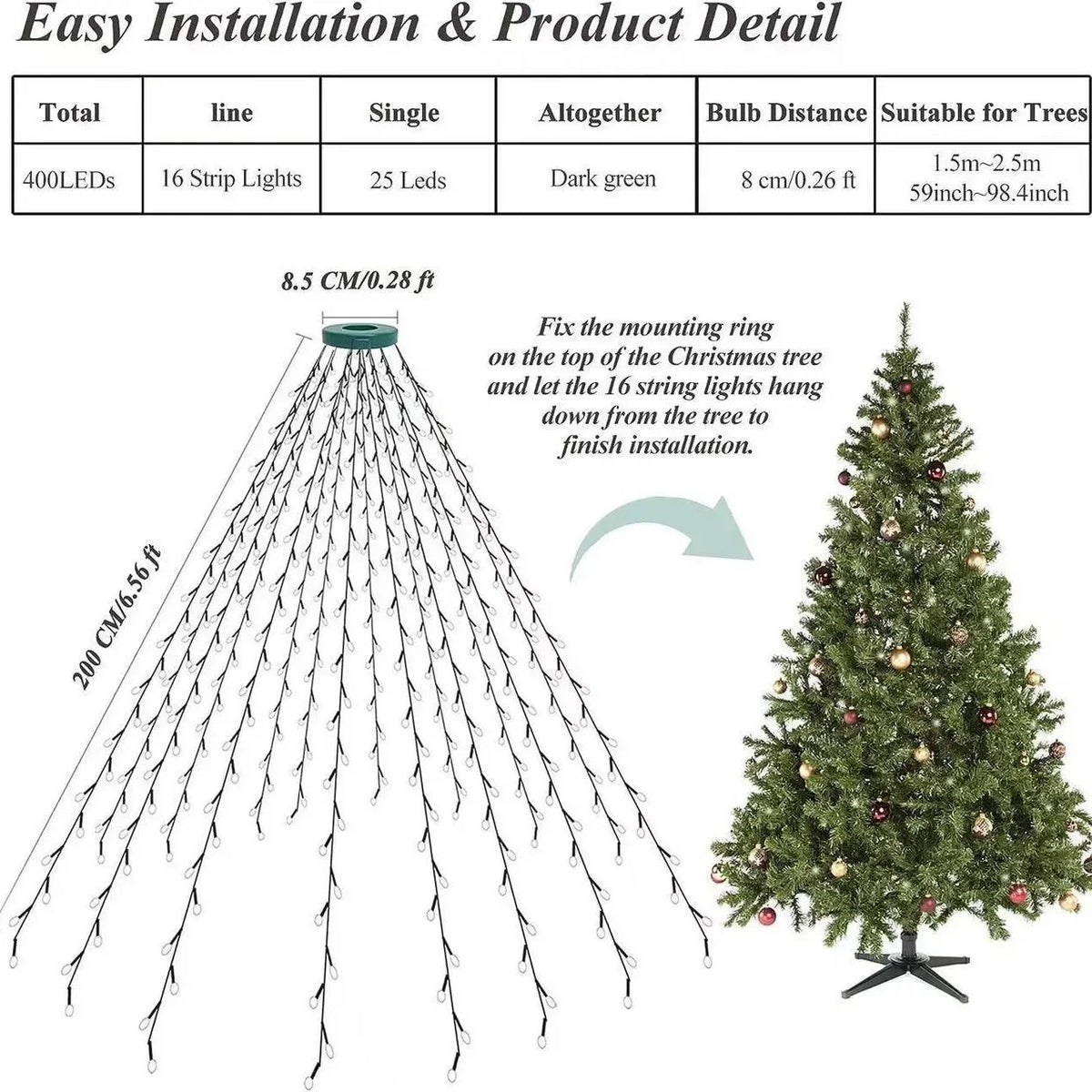 Luzes led para árvore de natal, corda à prova d'água para jardim, pátio, decoração de telhado, festa de feriado, decoração de festival