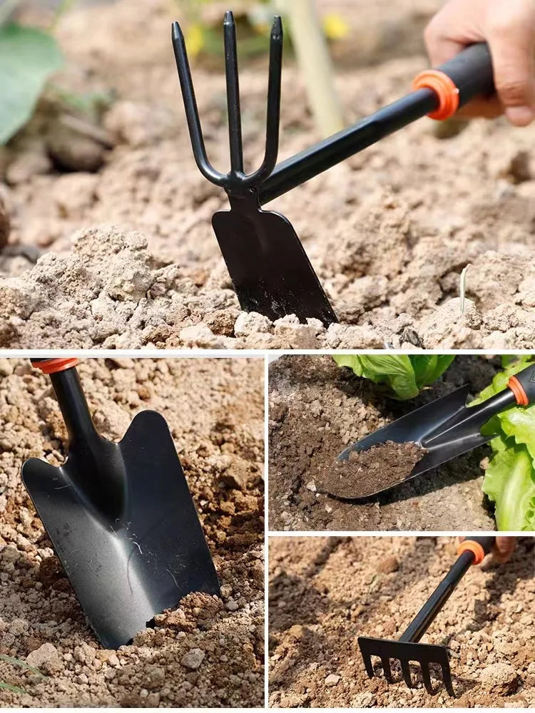 Conjunto de Ferramentas de Jardinagem Mini com 4 Peças, Incluindo Pá, Rastelo e Enxada para Plantio de Flores e Vegetais, Equipamento de Jardinagem Manual para Casa e Jardim