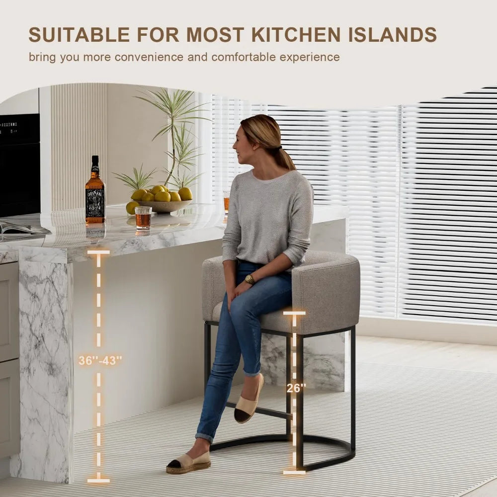 Conjunto de 3 Banquetas de Bar em Linho com 26'' de Altura, Design Moderno com Encosto e Braços, Personalizável