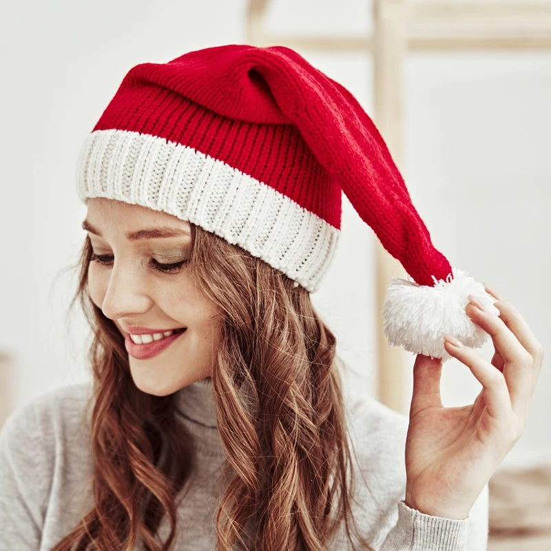 Gorro de Natal Tricotado 2026 com Pompom Fofo para Adultos, Touca Macia de Papai Noel, Presente de Ano Novo para Família, Decoração de Natal