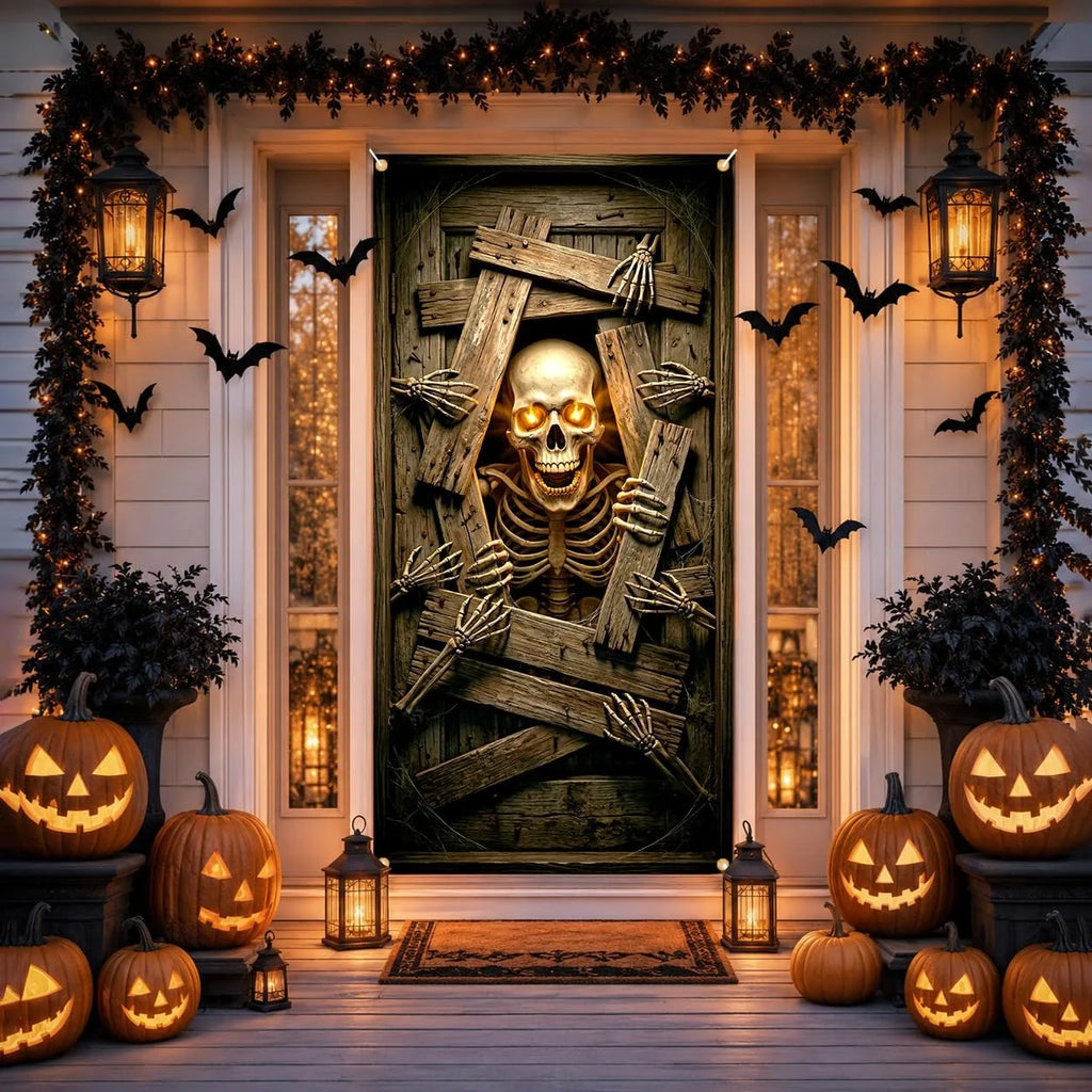 Banner de Porta de Esqueleto com Olhos Brilhantes para Halloween, Decoração Assustadora de Porta de Madeira Quebrada, Decoração Suspensa para Festa Interna e Externa