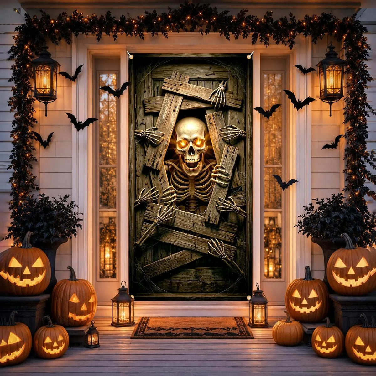 Banner de Porta de Esqueleto com Olhos Brilhantes para Halloween, Decoração Assustadora de Porta de Madeira Quebrada, Decoração Suspensa para Festa Interna e Externa