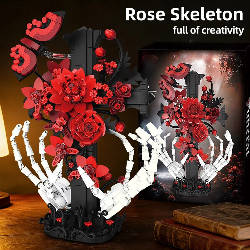 Decoração de Mesa Gótica Escura para Halloween: Brinquedo de Blocos de Montar Mão de Esqueleto com Rosa e Cruz – Ornamento Assustador, Presente Criativo DIY para Adultos
