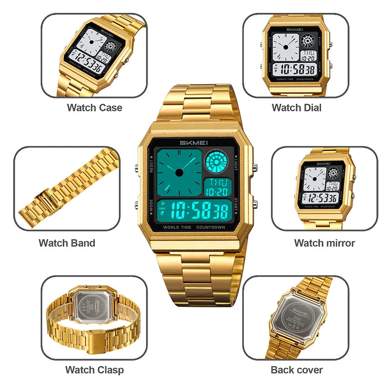 Skmei Electronics Sports Watches for Mens Classical Analog Digital Display Multiple Time Zone LED Waterproof Male 5 Alarm Clock