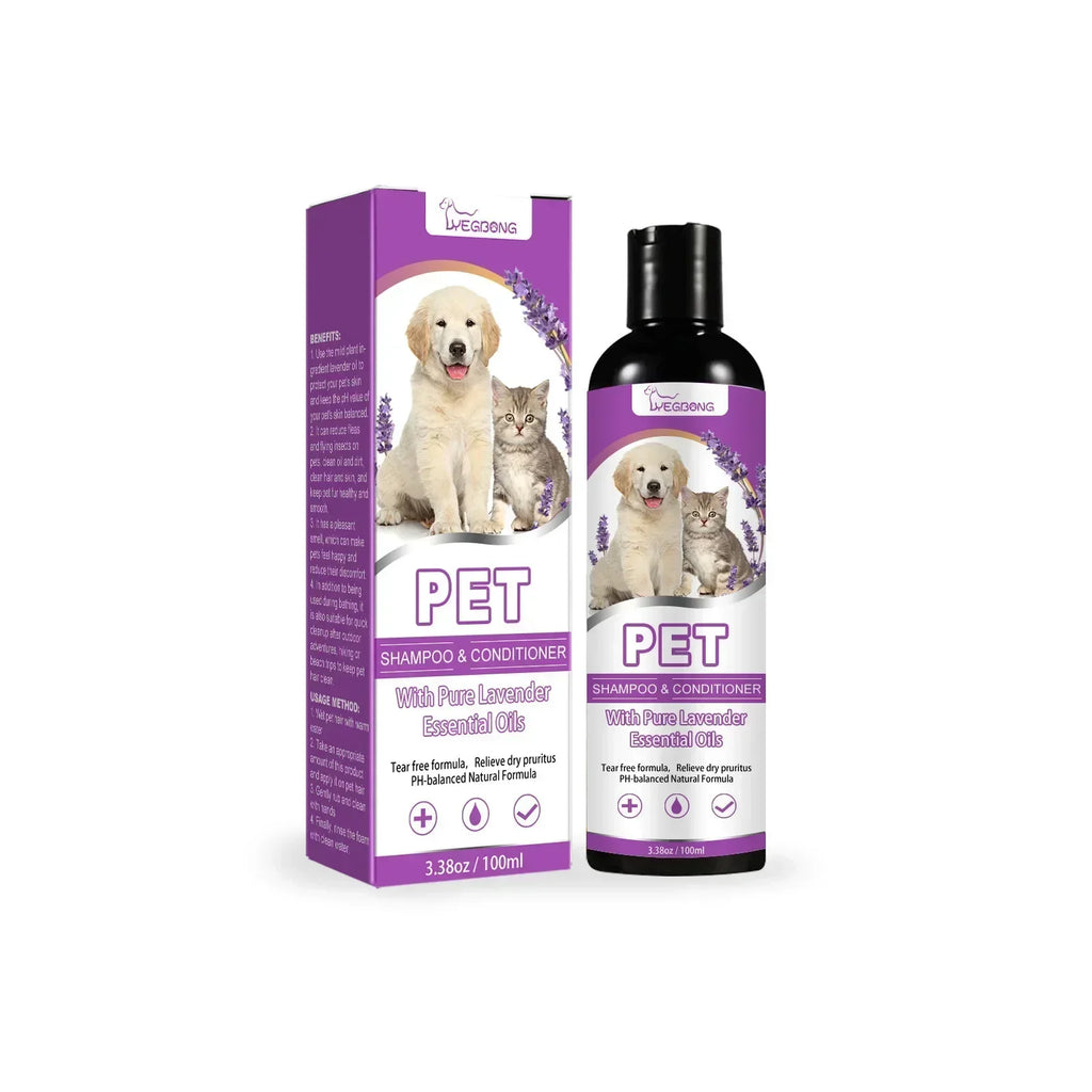 Shampoo e Condicionador para Animais de Estimação com Óleos Essenciais Puros de Lavanda, Fórmula Sem Lágrimas para Cães e Gatos, pH Balanceado, Cuidado Suave 100ml