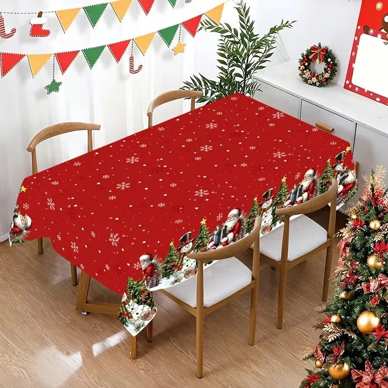 Toalha de Mesa de Natal: Decoração Clássica de Inverno com Estampa de Papai Noel, Floco de Neve e Pinhas – Suprimentos para Cenário Festivo