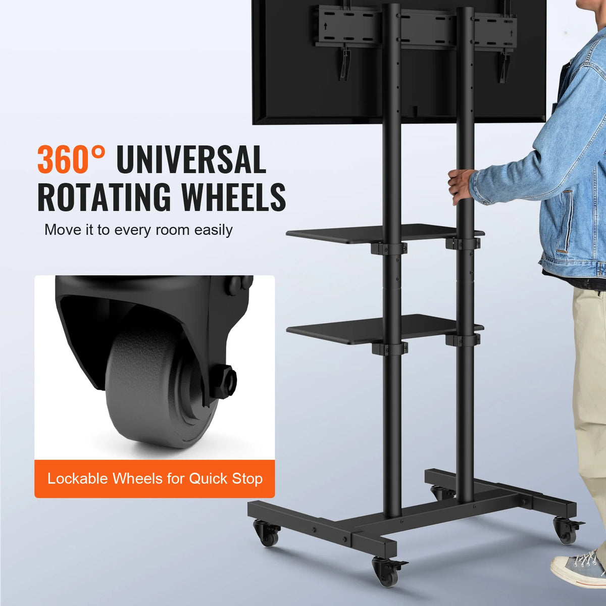 SucceBuy Suporte de TV móvel Suporte de TV com altura ajustável com rodas Bandeja dupla para dispositivos audiovisuais Suporte de TV rolante para quarto