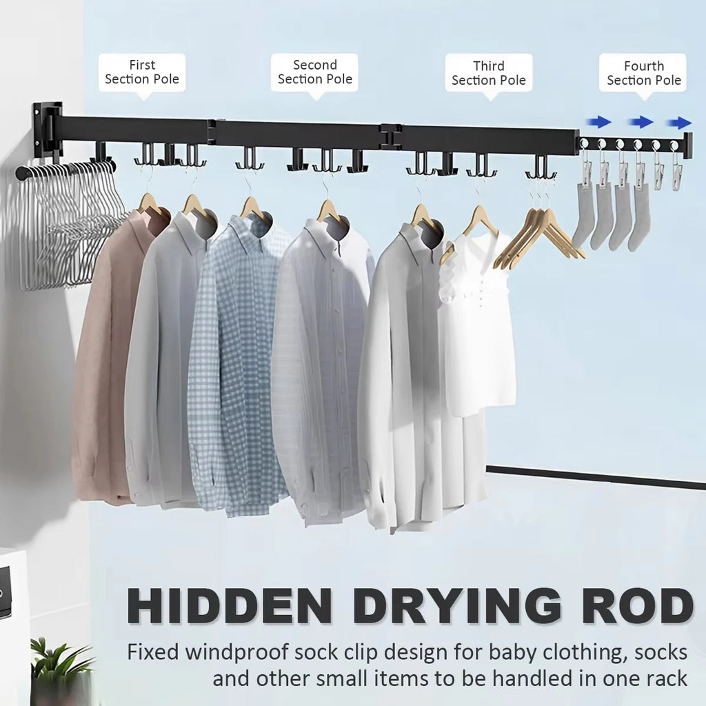 Rack de secagem de roupas-retrátil dobrável forte suporte de carga interior de parede de alumínio simples e conveniente rack de roupas