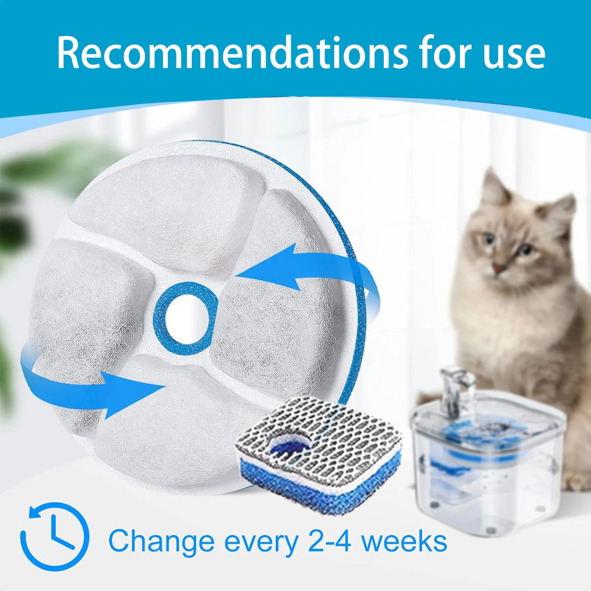 Dispensador de água para animais de estimação, filtro para fonte de água de gato, filtro para fonte potável, filtragem de ciclo, fácil de limpar