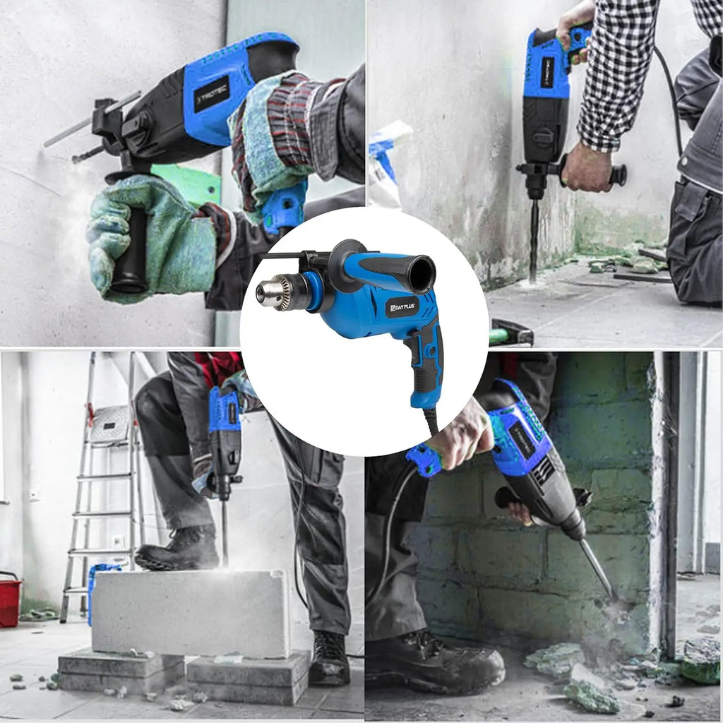 Furadeira de martelo 240V para madeira, metal, concreto, furadeira de impacto elétrica com fio de 850W, velocidade variável de 3000 rpm, 2 em 1 com 360 °   Rotação