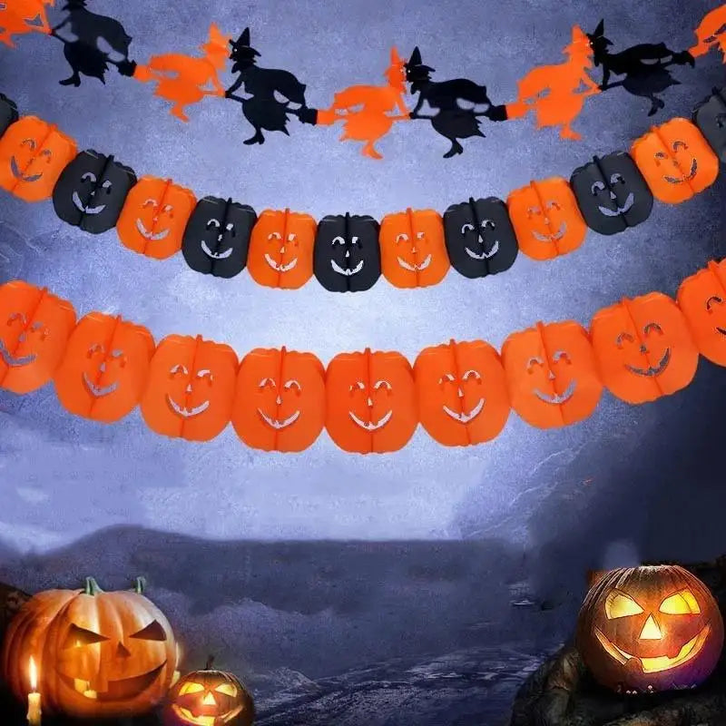 Guirlanda de Papel com Morcegos, Abóboras, Fantasmas e Aranhas para Decoração de Parede em Festas de Halloween em Casa