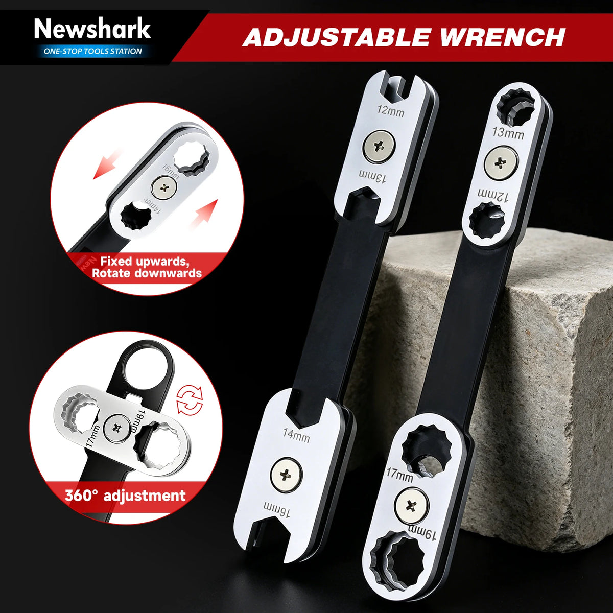 ‌ 360 °   Chave ajustável rotativa 8 em 1 com extremidades hexagonais/abertas duplas – Aperto ergonômico para uso profissional automotivo e industrial ‌