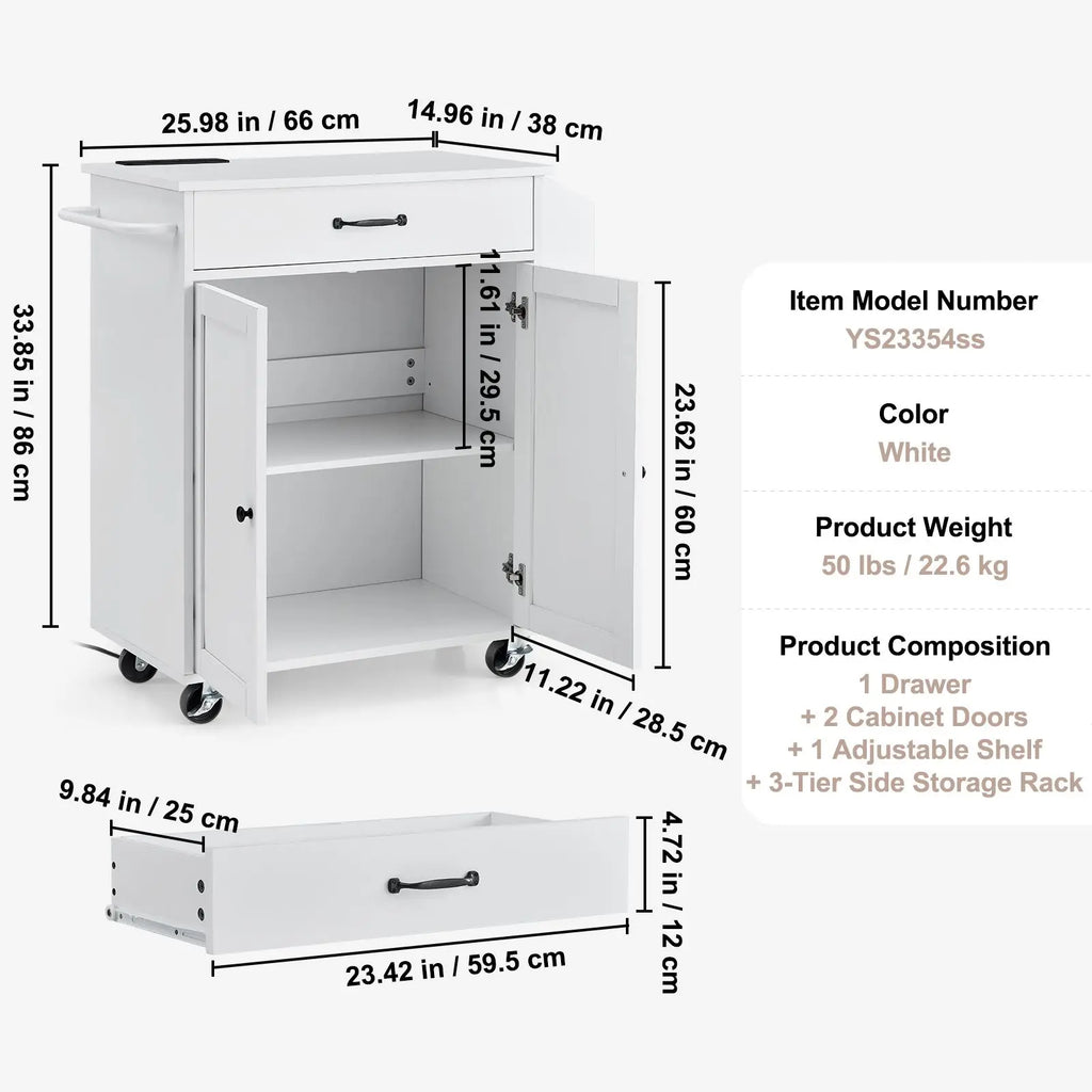 "Marble & Metal 32" Mobile Kitchen Cart with Storage Power Outlet Spice Rack & Towel Bar"