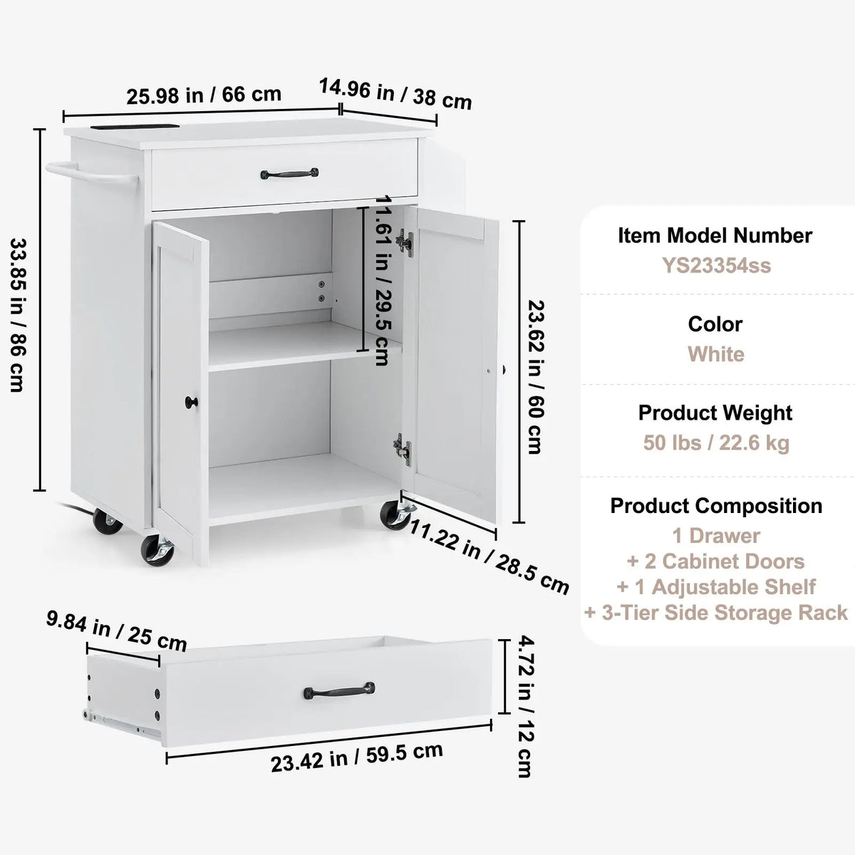 "Marble & Metal 32" Mobile Kitchen Cart with Storage Power Outlet Spice Rack & Towel Bar"